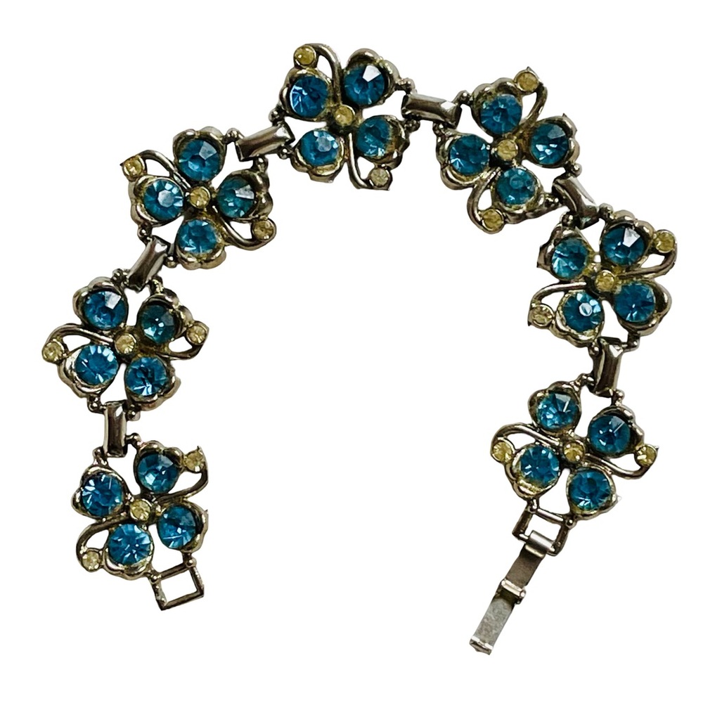 Vintage Silver Tone And Rhinestone Floral Bracelet Sapphire Blue And Clear